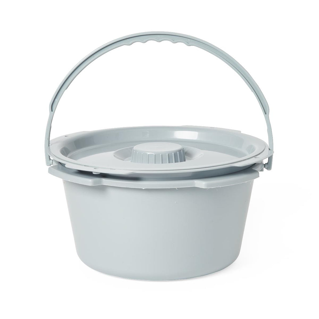 Gray plastic bucket with a handle on a white background