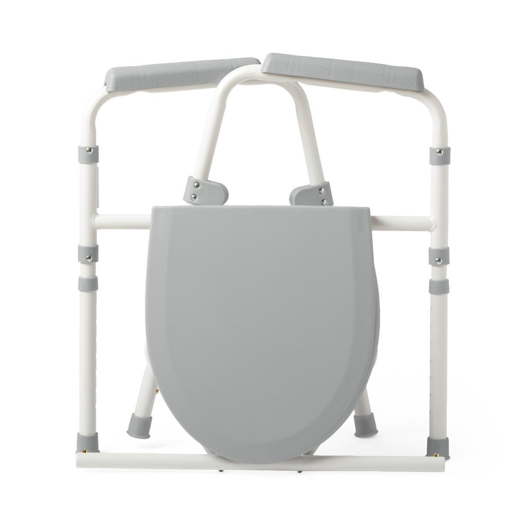 Gray toilet seat with adjustable metal frame on a white background