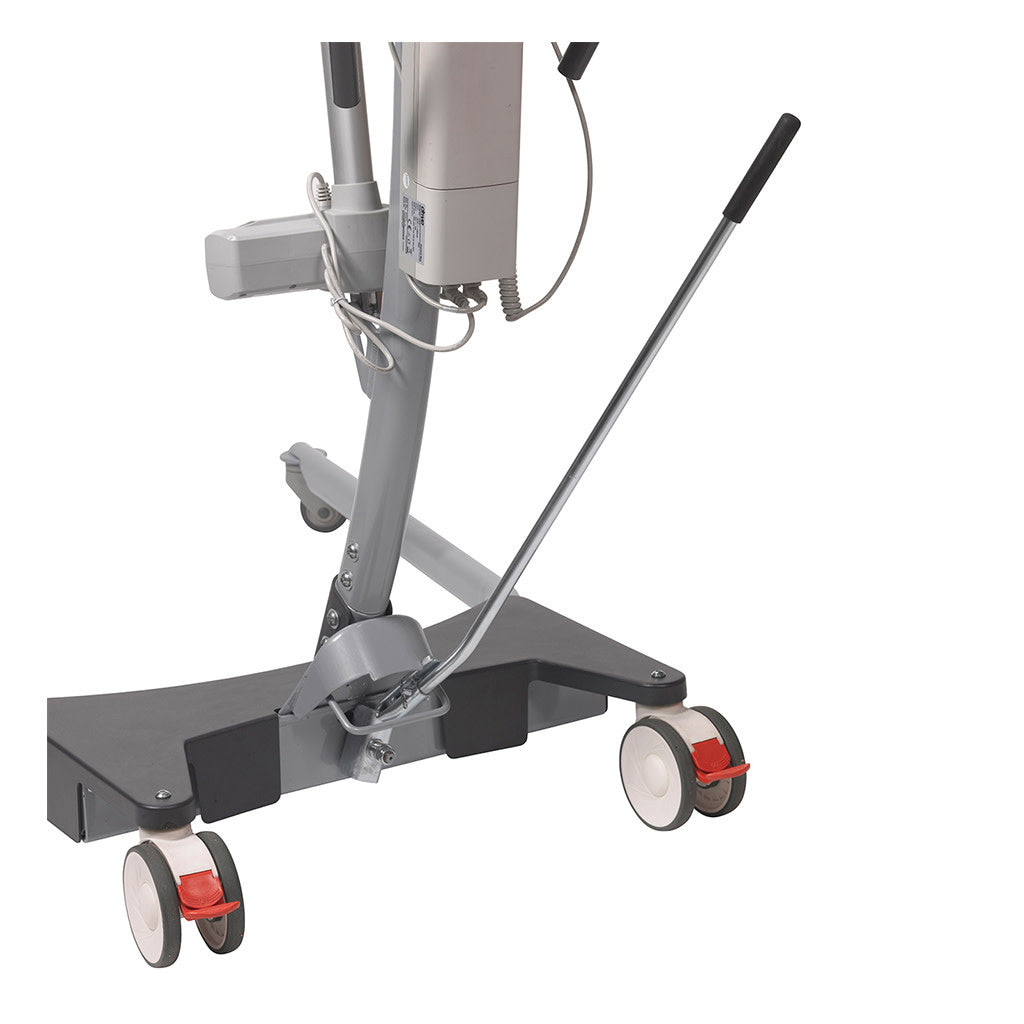 Gray medical device on wheels with a handle on a white background