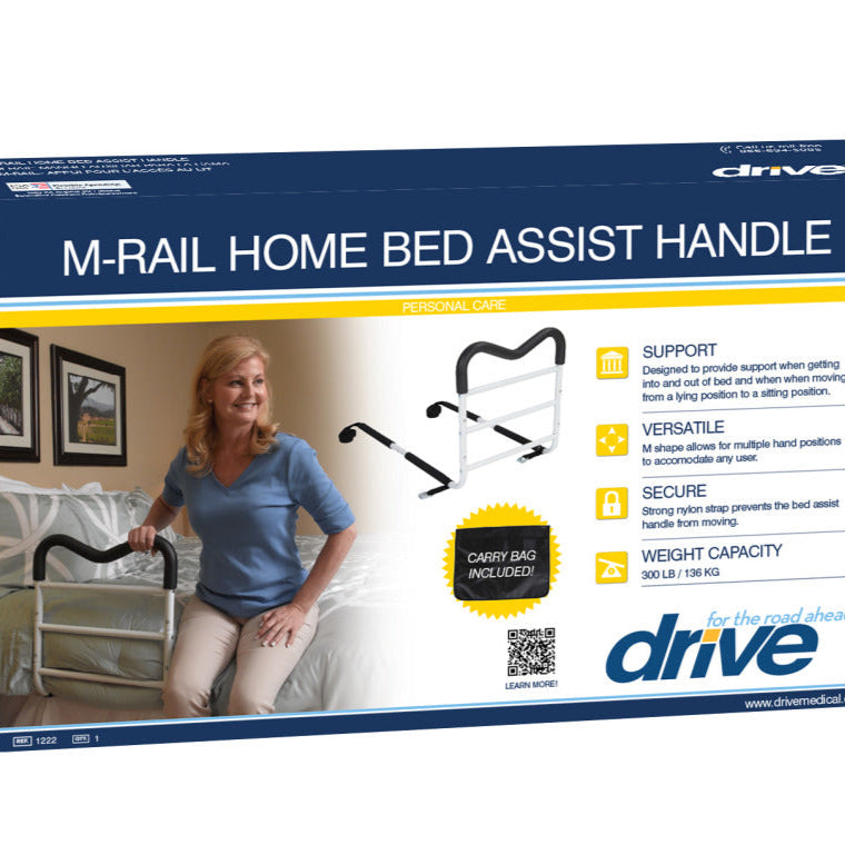 Box of M-Rail Home Bed Assist Handle with a woman using the product on a bed.