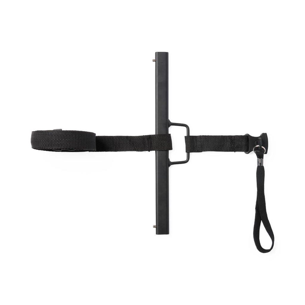 Black metal rod with a strap and clip on a white background