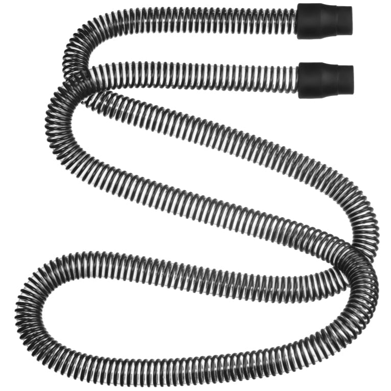 CPAP Black flexible hose coiled on a white background