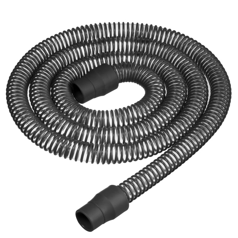 CPAP Coiled black hose with black connectors on a white background