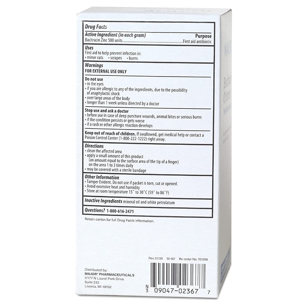 Major Bacitracin Zinc Ointment Antibiotic 0.9 g Packet  (BX)144 Each